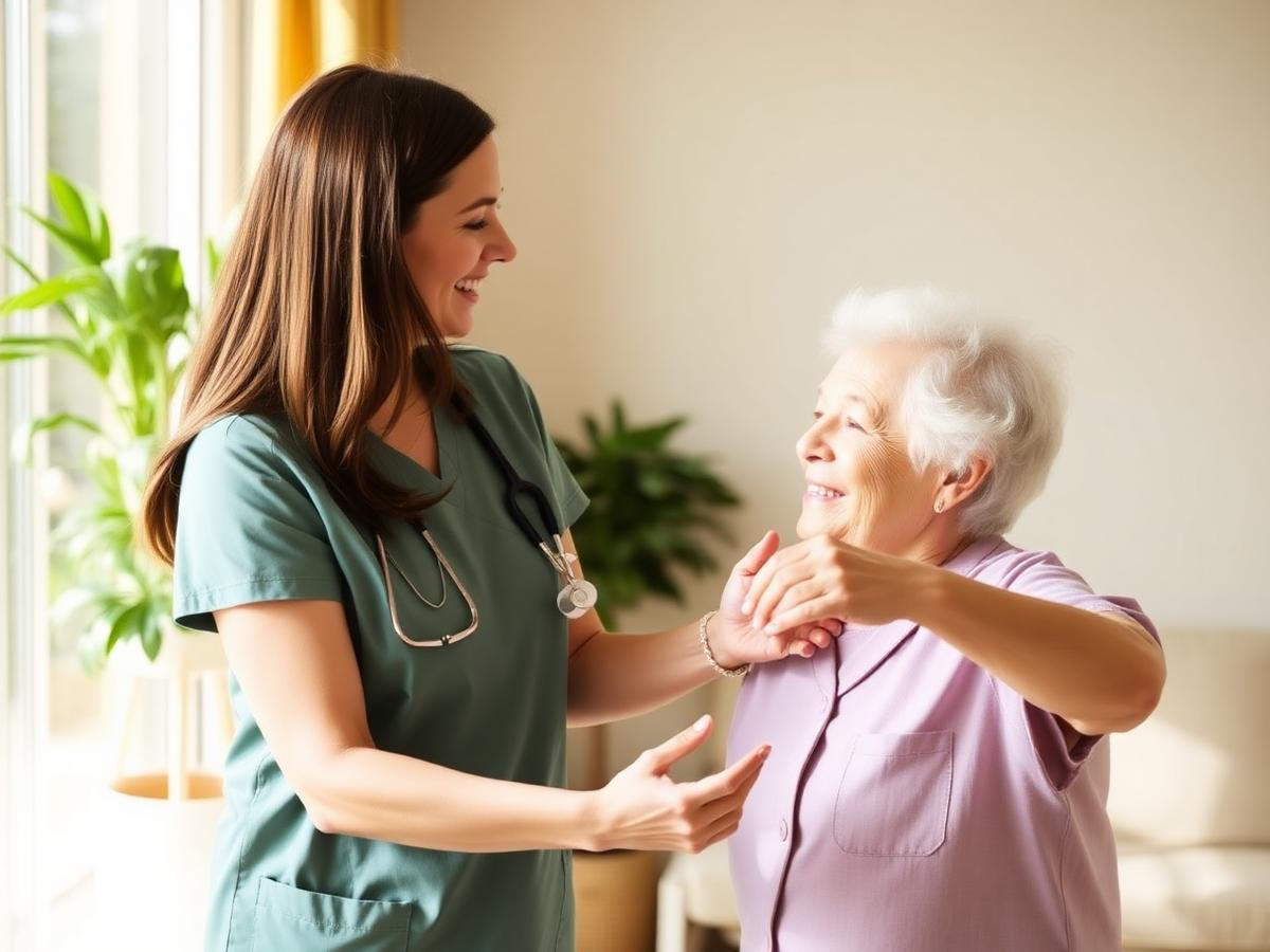 Caregiver holding hands with a resident